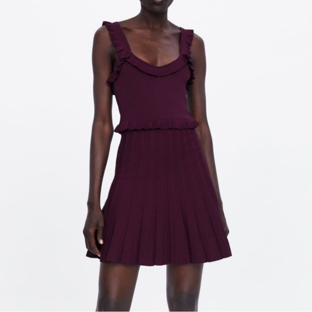 Zara Women’s Knit Pleated Ruffle Plum Dress